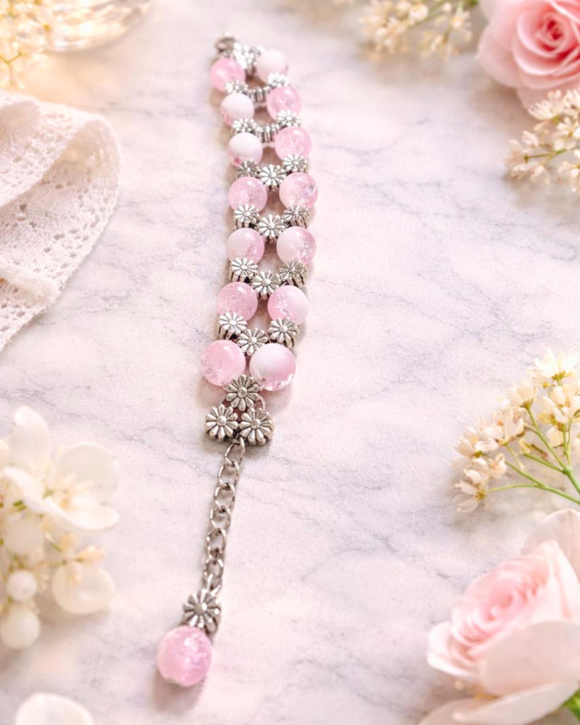 Silver Daisy & Pink Beads Bracelet