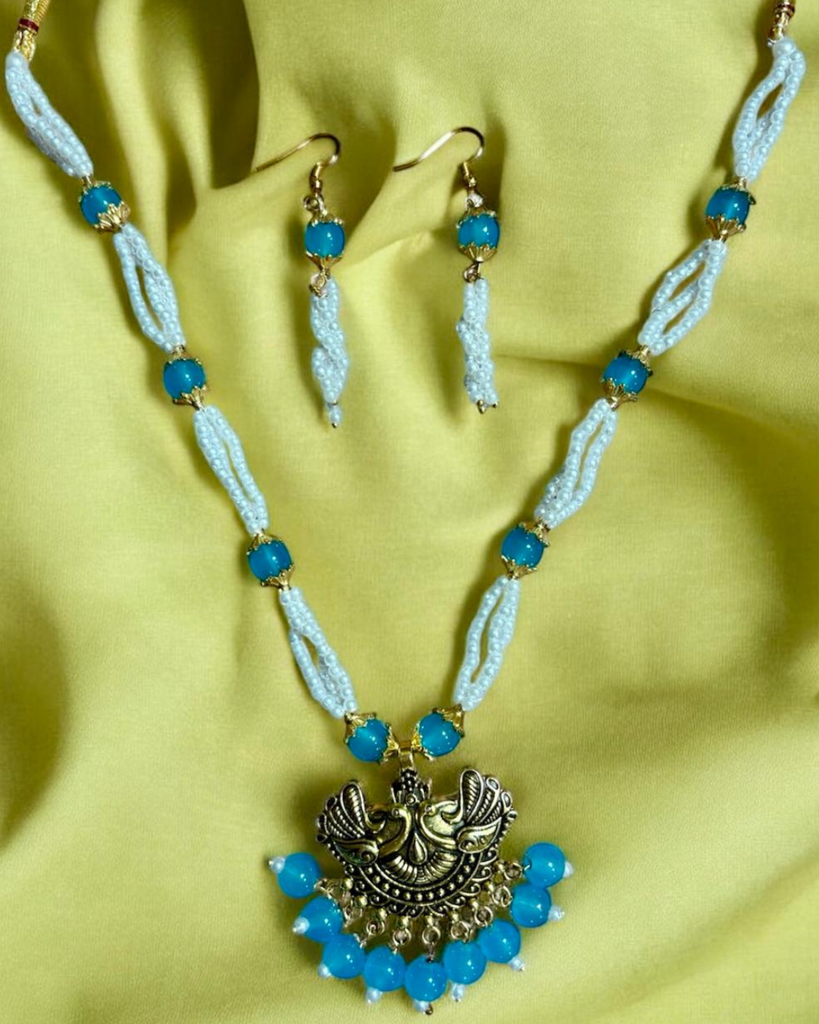 Blue Beaded Peacock Pendent Necklace